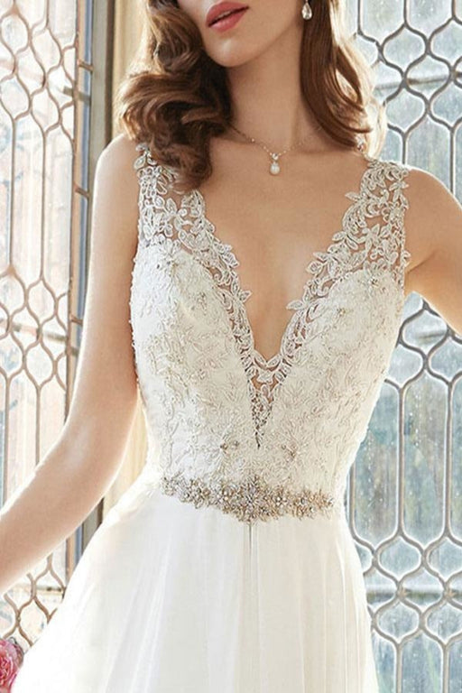 Simple Wedding Dress 2021 A Line V Neck Sleeveless Floor Length Lace Bridal Gowns