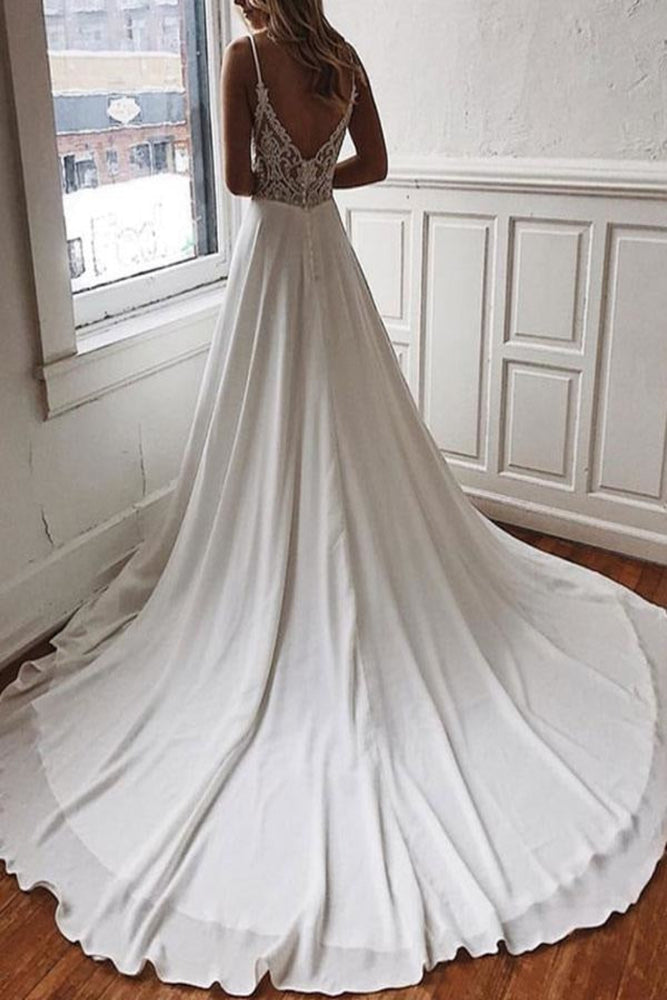 Simple Wedding Dress A Line V Neck Sleeveless Straps Back Lace Boho Bridal Dresses With Train