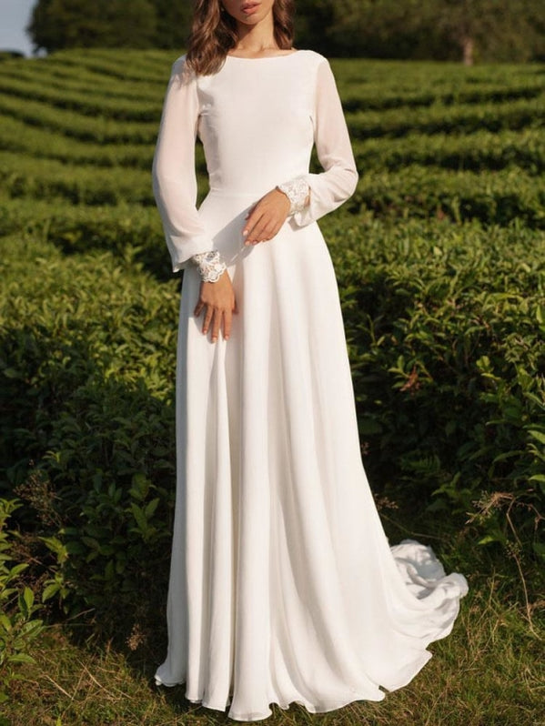 Simple Wedding Dress Lycra Spandex Bateau Neck Long Sleeves Lace A Lin ...