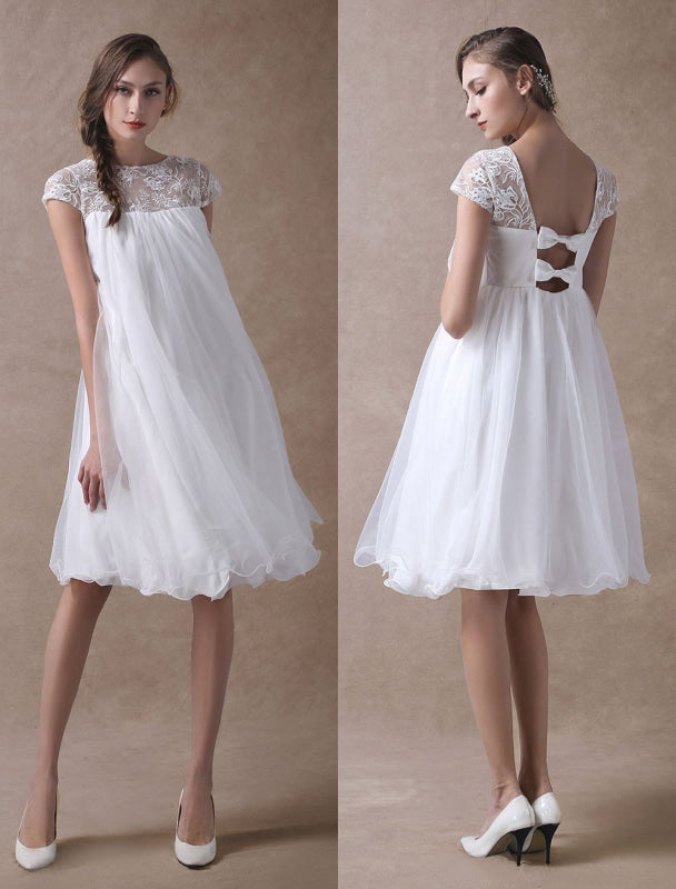 Simple Wedding Dresses Short Empire Waist Lace Tulle Cap Sleeve