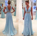 Sky Blue A Line Deep Neck Sleeveless V Back Beading Pleats Chiffon Long Prom Dress - Prom Dresses