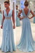 Sky Blue A Line Deep Neck Sleeveless V Back Beading Pleats Chiffon Long Prom Dress - Prom Dresses