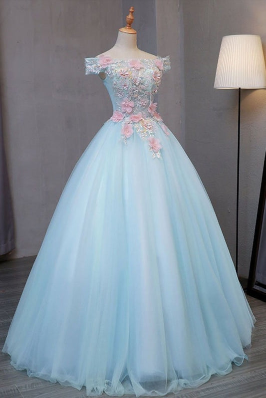 Sky Blue Tulle Princess Cheap Long Red Prom Dresses 2021 - Bridelily