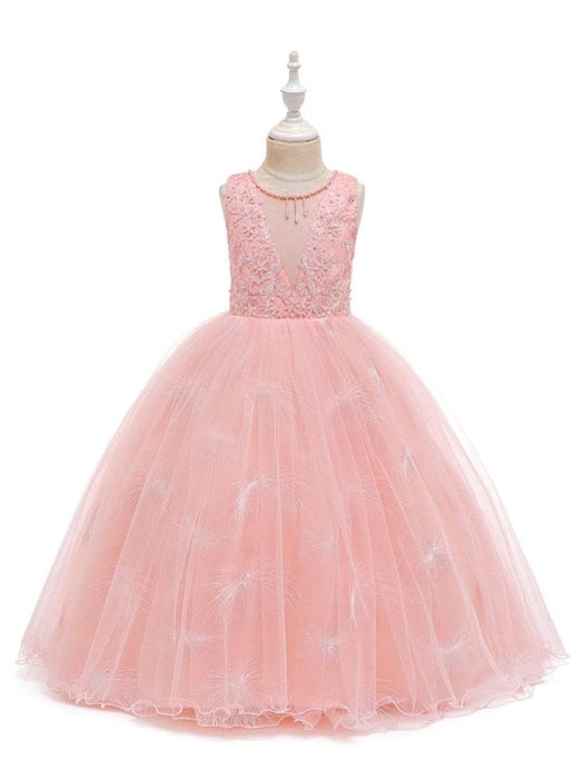 Flower Girl Dresses Jewel Neck Polyester Sleeveless Ankle-Length Ball Gown Bows Formal Kids Pageant Dresses