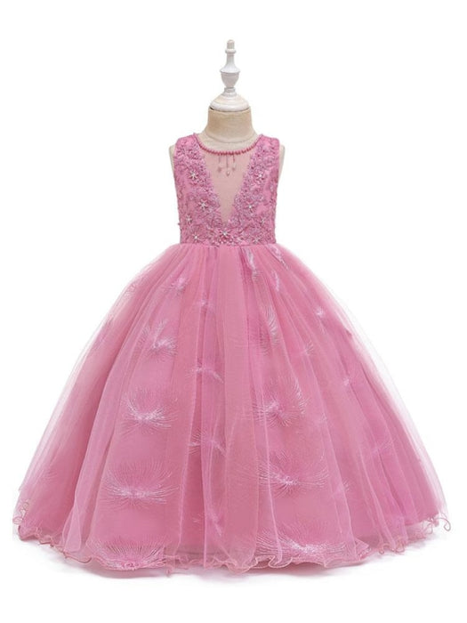 Flower Girl Dresses Jewel Neck Polyester Sleeveless Ankle-Length Ball Gown Bows Formal Kids Pageant Dresses