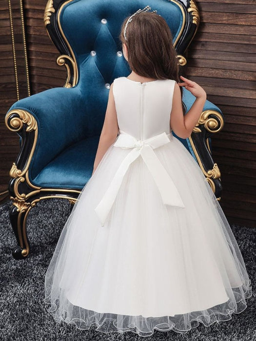 Flower Girl Dresses Jewel Neck Polyester Sleeveless Ankle-Length Ball Gown Bows Formal Kids Pageant Dresses