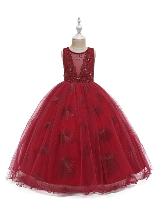 Flower Girl Dresses Jewel Neck Polyester Sleeveless Ankle-Length Ball Gown Bows Formal Kids Pageant Dresses