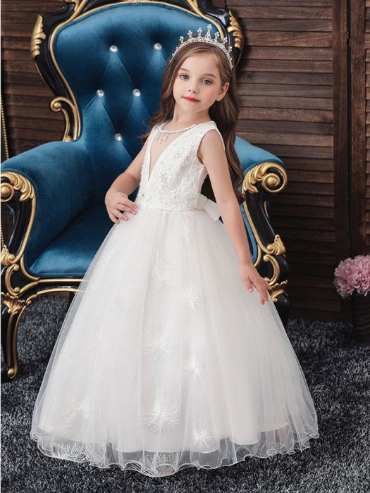 Flower Girl Dresses Jewel Neck Polyester Sleeveless Ankle-Length Ball Gown Bows Formal Kids Pageant Dresses