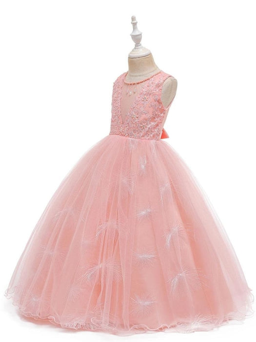 Flower Girl Dresses Jewel Neck Polyester Sleeveless Ankle-Length Ball Gown Bows Formal Kids Pageant Dresses