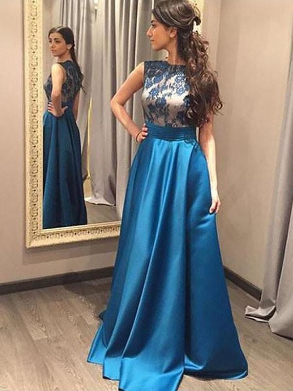 Sleeveless Bateau Satin A-line With Lace Floor-Length Dresses - Prom Dresses