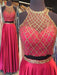 Sleeveless Halter Satin With Beading Floor-Length Two Piece Dresses - Prom Dresses