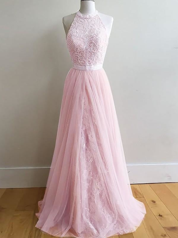 Sleeveless Halter Tulle A-line With Lace Sweep/Brush Train Dresses - Prom Dresses