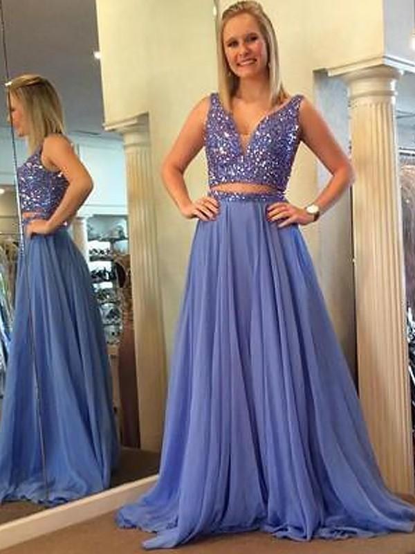 Sleeveless V-Neck Chiffon With Beading Floor-Length Two Piece Dresses - Prom Dresses