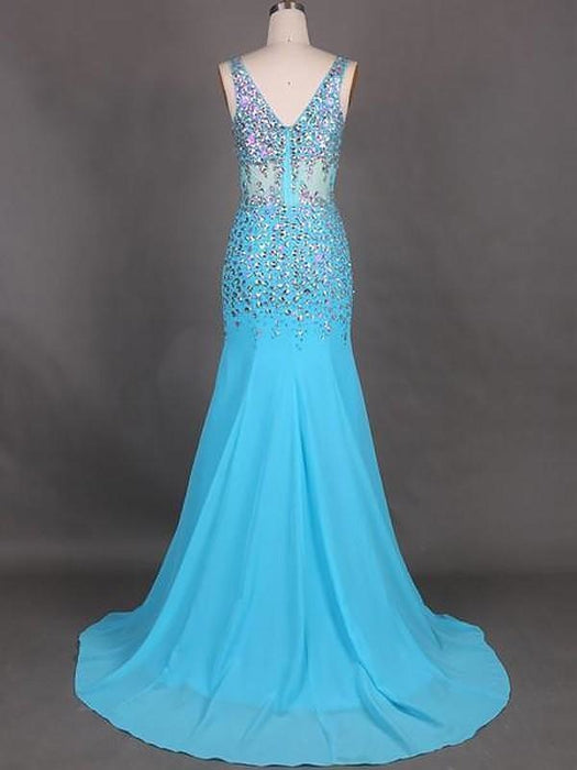 Sleeveless V-Neck Chiffon With Beading Sweep/Brush Train Dresses - Prom Dresses