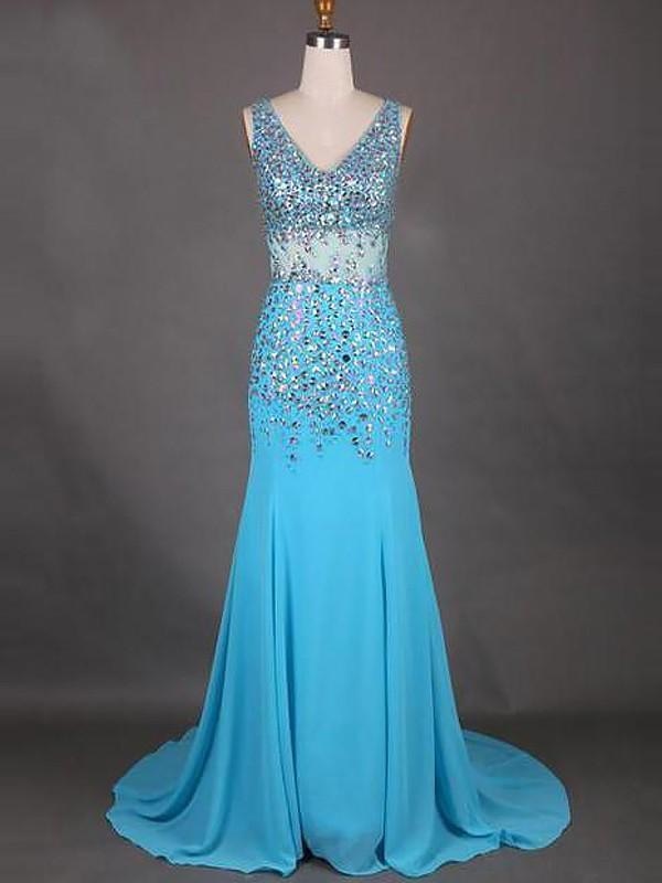 Sleeveless V-Neck Chiffon With Beading Sweep/Brush Train Dresses - Prom Dresses