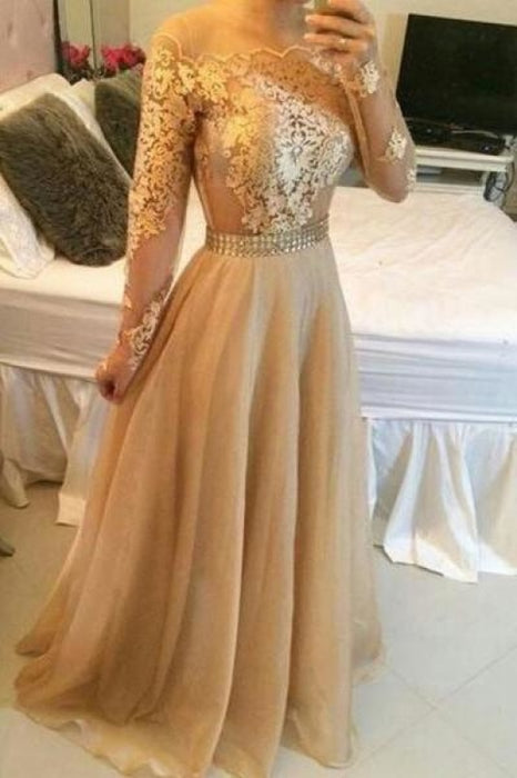 Sleeves Sheer Prom Dresses A-line Crystals Sexy Formal Evening Gowns - Prom Dresses