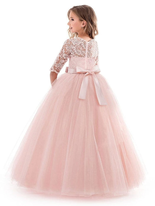 Flower Girl Dresses Soft Pink Kids Formal Dress Lace Half Sleeve Bows Tulle A Line Girls Pageant Party Dress