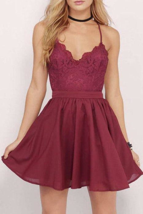 Spaghetti Straps Chiffon Short Homecoming with Lace Top Mini Grad Dress - Prom Dresses