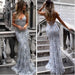 Spaghetti Straps V-neck Mermaid Sparkly Tulle Evening Dress Long Prom Gowns - Prom Dresses