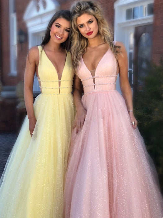 y A Line V Neck and V Back Yellow/Pink/Light Blue Long Prom Dresses, Yellow/Pink/Light Blue Formal Dresses, Evening Dresses