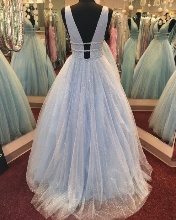 y A Line V Neck and V Back Yellow/Pink/Light Blue Long Prom Dresses, Yellow/Pink/Light Blue Formal Dresses, Evening Dresses