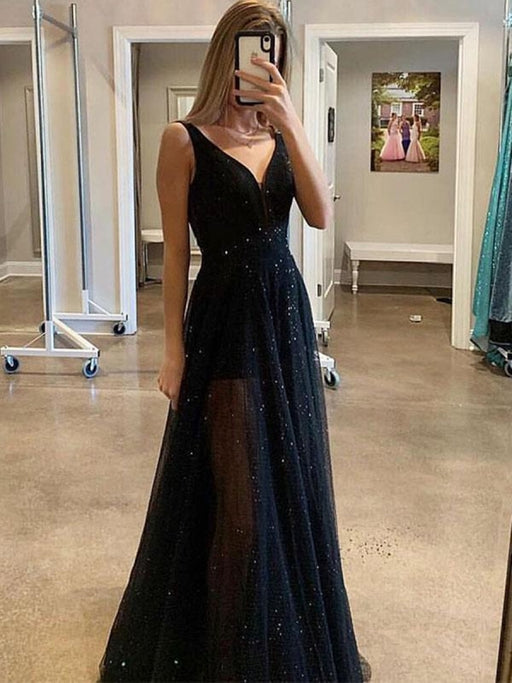 y Black A Line V Neck Sequins Long Prom Dresses, Black Formal Dresses, Graduation Dresses