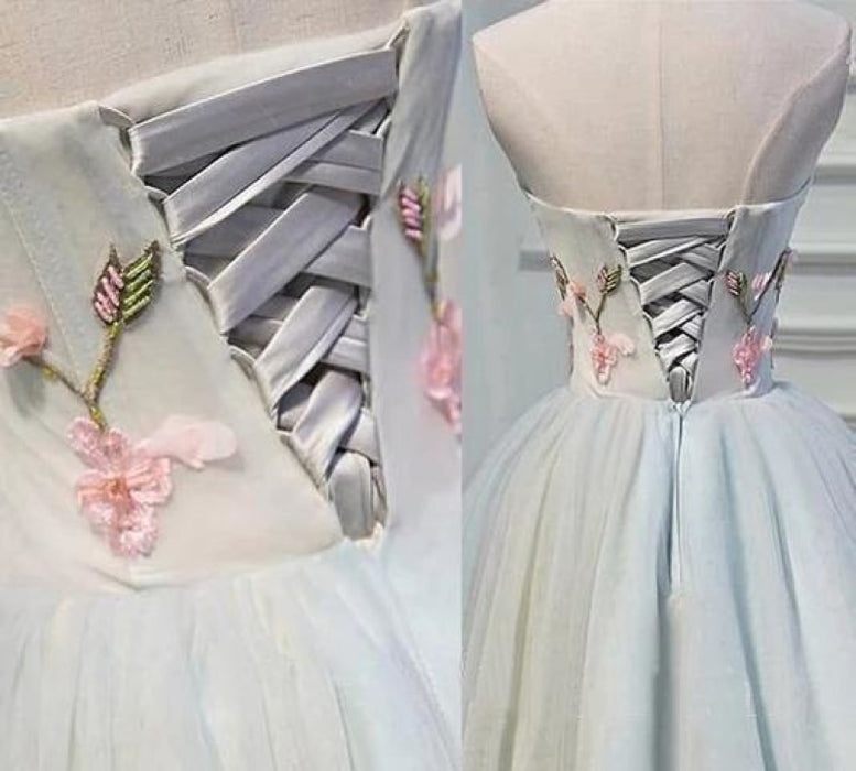 Strapless Homecoming Flower Applique Short Tulle Graduation Dress - Prom Dresses