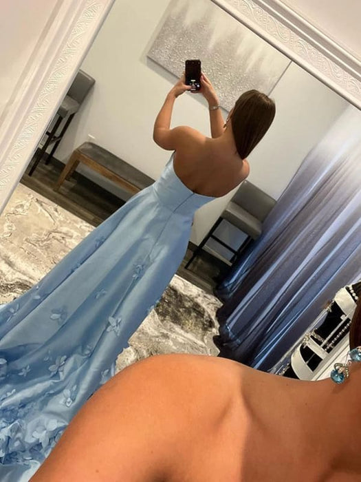 Strapless Light Blue Satin Long Prom Dresses with 3D Flowers, Long Light Blue Floral Formal Graduation Evening Dresses 