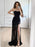 Strapless Long Black Lace Prom Dresses with High Slit, Black Lace Formal Graduation Evening Dresses