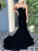 Strapless Mermaid Black Velvet Long Prom Dresses with Train, Mermaid Black Formal Graduation Evening Dresses 