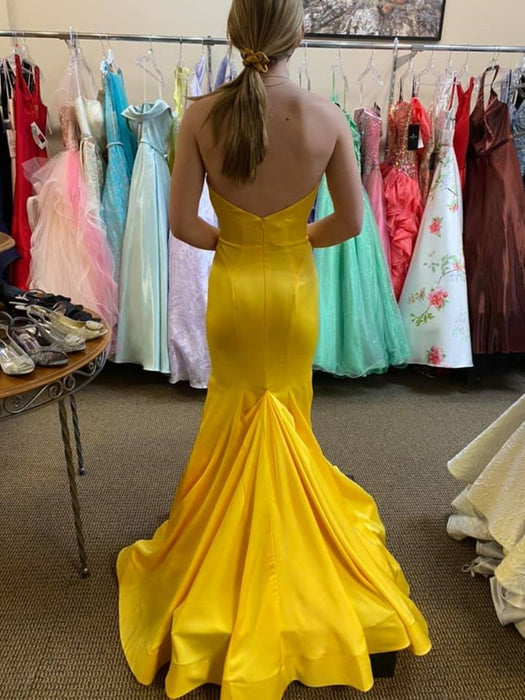 Strapless Mermaid Yellow Satin Long Prom Dresses, Mermaid Yellow Formal Graduation Evening Dresses 