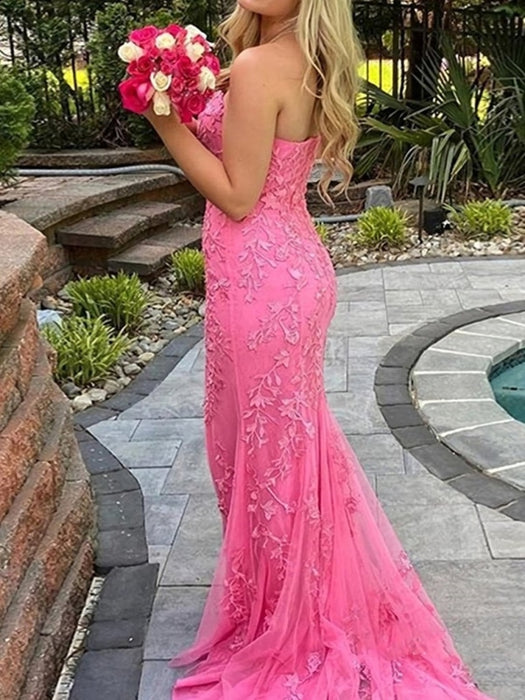 Strapless Mermaid Yellow/Purple/Pink Lace Long Prom Dresses, Yellow/Purple/Pink Lace Formal Evening Dresses