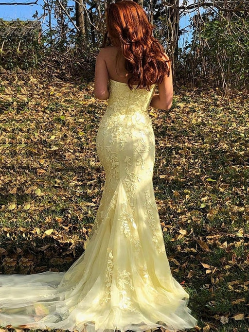 Strapless Mermaid Yellow/Purple/Pink Lace Long Prom Dresses, Yellow/Purple/Pink Lace Formal Evening Dresses