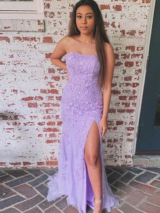 Strapless Mermaid Yellow/Purple/Pink Lace Long Prom Dresses, Yellow/Purple/Pink Lace Formal Evening Dresses