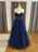 Strapless Open Back Navy Blue Lace Beaded Long Prom Dresses, Navy Blue Lace Formal Graduation Evening Dresses 