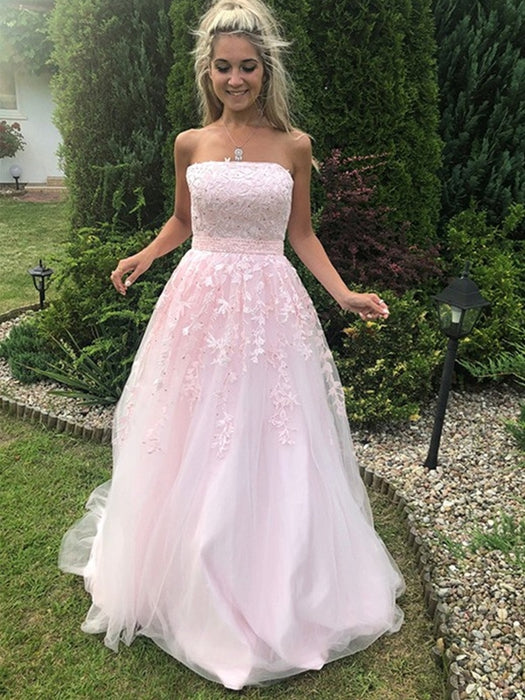 Strapless Pink Tulle Lace Long Prom Dresses, Pink Lace Formal Graduation Evening Dresses 