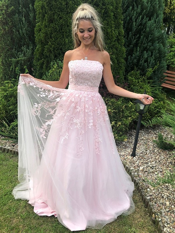 Strapless Pink Tulle Lace Long Prom Dresses, Pink Lace Formal Graduation Evening Dresses 