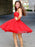 Strapless Red Lace Short Prom Dresses with Belt, Red Lace Homecoming Dresses, Short Red Formal Graduation Evening Dresses 