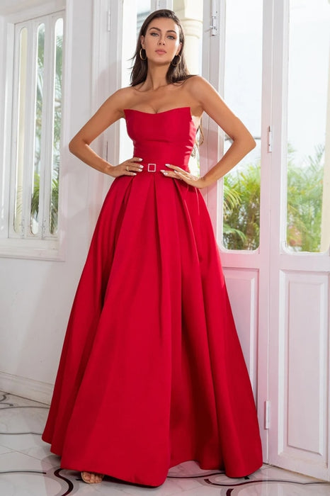 Strapless Red Satin Long Prom Dresses with High Slit, Long Red Formal Graduation Evening Dresses 