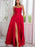 Strapless Red Satin Long Prom Dresses with High Slit, Long Red Formal Graduation Evening Dresses 