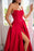 Strapless Red Satin Long Prom Dresses with High Slit, Long Red Formal Graduation Evening Dresses 