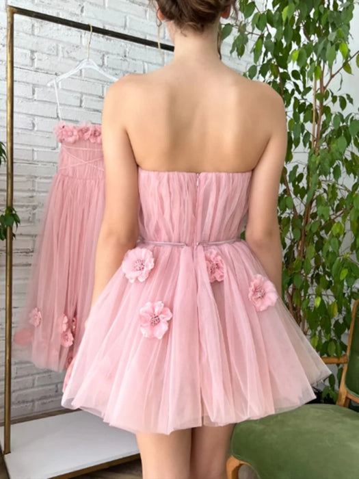 Strapless Short Pink Tulle Prom Dresses with 3D Flowers, Pink Floral Homecoming Dresses, Short Pink Formal Evening Dresses 