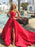 Strapless Side Slit Red Satin Long Prom Dresses with Train, Strapless Red Formal Dresses, Red Evening Dresses