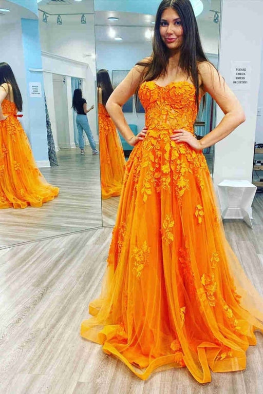 Strapless Sweetheart Neck Orange Tulle Lace Long Prom Dresses, Orange Lace Formal Evening Dresses 