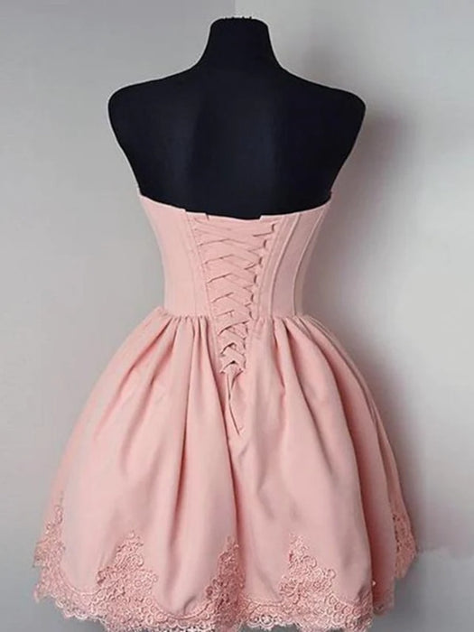 Strapless Sweetheart Neck Pink Lace Prom Dresses, Short Pink Homecoming Dresses, Pink Lace Formal Evening Dresses 