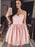 Strapless Sweetheart Neck Pink Lace Prom Dresses, Short Pink Homecoming Dresses, Pink Lace Formal Evening Dresses 