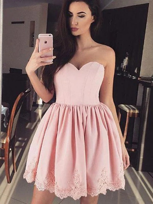 Strapless Sweetheart Neck Pink Lace Prom Dresses, Short Pink Homecoming Dresses, Pink Lace Formal Evening Dresses 