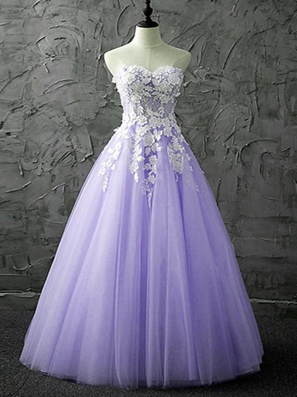 Strapless Sweetheart Neck Purple Lace Long Prom Dresses, Lilac Lace Formal Evening Dresses