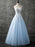 Strapless Sweetheart Neck White Lace Light Blue Prom Dresses, Strapless Open Back Light Blue Lace Formal Graduation Evening Dresses with Appliques