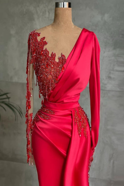 Stunning Red One Shoulder Mermaid Evening Gown with Side Cape - Prom Dresses